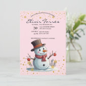 Pink & Gold Kleine Schneeflocken Snowman Baby Dusc Einladung (Stehend Vorderseite)
