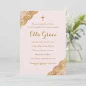 Pink Gold Lace Girl Taufe + Einladung (Stehend Vorderseite)