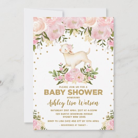 Pink Gold Lamb Babydusche Blush Blues Einladung (Vorderseite)
