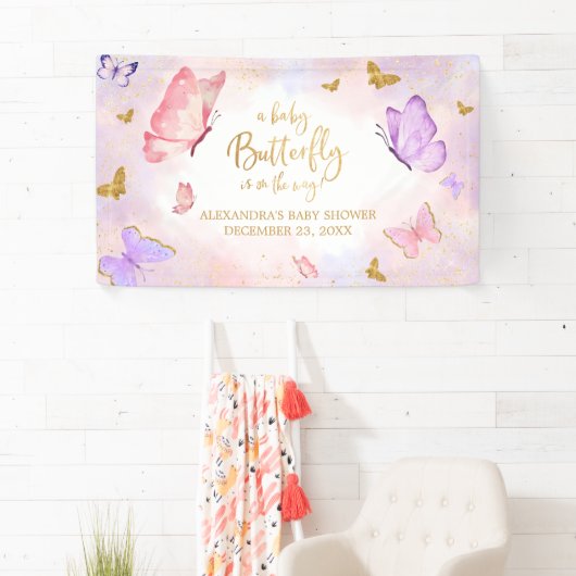 Pink Gold Lila Butterfly Baby Dusche Banner (Insitu)