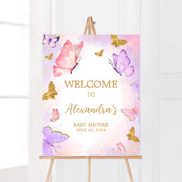 Pink Gold Lila Butterfly Baby Dusche Willkommen Poster