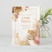 Pink Gold Line Monstera Leaf Botanical Wedding Einladung (Stehend Vorderseite)