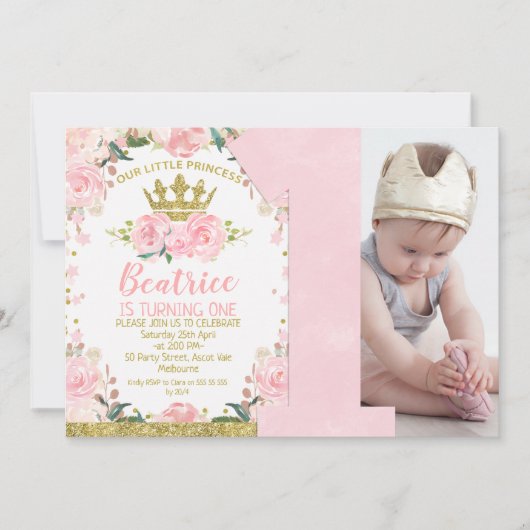 Pink Gold Little Princess Crown 1. Geburtstag Einladung (Vorderseite)