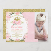 Pink Gold Little Princess Crown 1. Geburtstag Einladung (Vorne/Hinten)