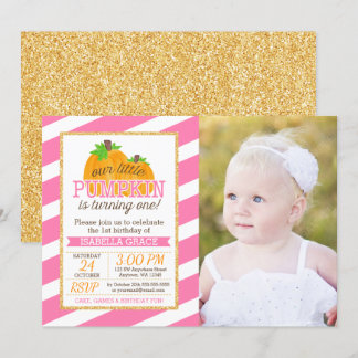 Pink Gold Little Pumpkin Girl Erstes Geburtstags-F Einladung