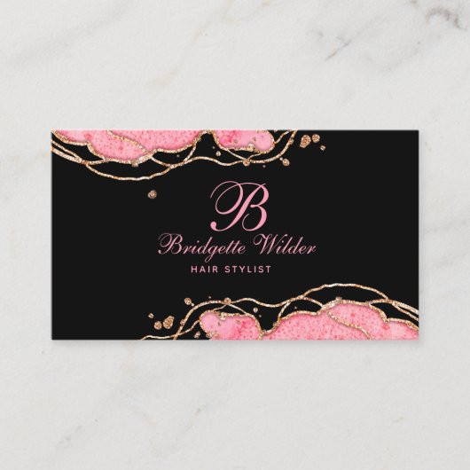 Pink Gold Marmor Agate Black Hair Stylist Visitenkarte (Vorderseite)