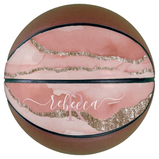 Pink Gold Marmor Monogram Calligrafy Script Name Basketball (Vorderseite)