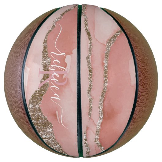 Pink Gold Marmor Monogram Calligrafy Script Name Basketball (Vertikal)