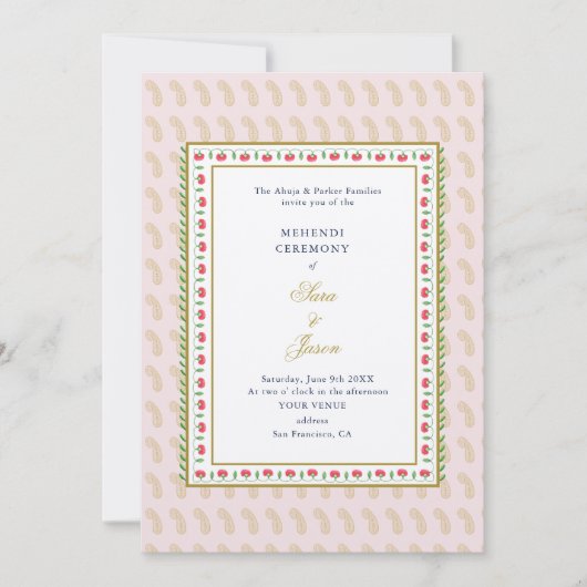 Pink & Gold Mehendi Zeremonie Indianerfeier Einladung (Vorderseite)