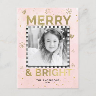 Pink Gold MERRY & BRIGHT Holiday Doodle Foto Feiertagspostkarte