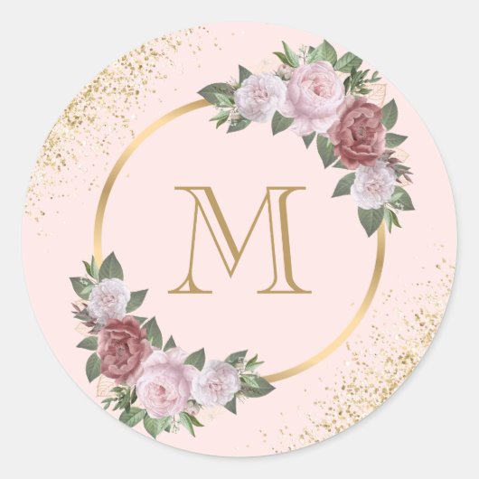 Pink Gold Monogram Confetti Floral Runder Aufkleber (Vorderseite)