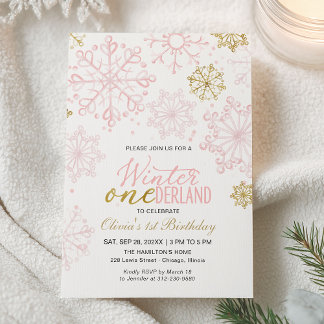Pink Gold Onederland 1. Geburtstag Schneeflocke Einladung
