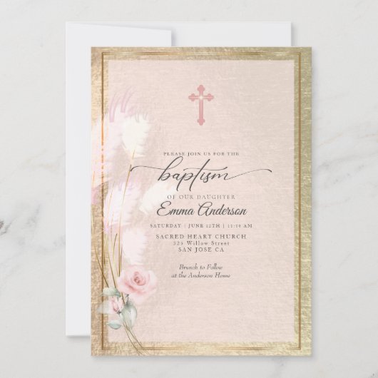 Pink Gold Pampas Grass Floral BAPTISM Einladung (Vorderseite)