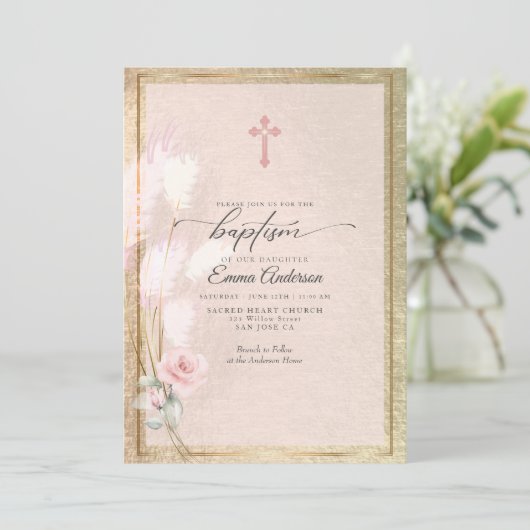 Pink Gold Pampas Grass Floral BAPTISM Einladung (Stehend Vorderseite)