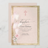 Pink Gold Pampas Grass Floral BAPTISM Einladung (Vorne/Hinten)