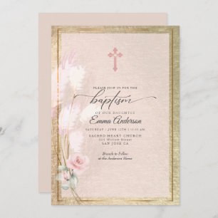 Pink Gold Pampas Grass Floral BAPTISM Einladung