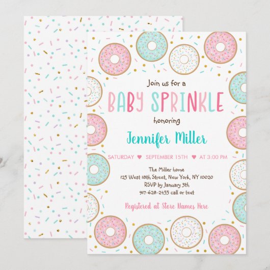 Pink Gold Pastel Donut Baby Sprinkle Einladung (Vorne/Hinten)