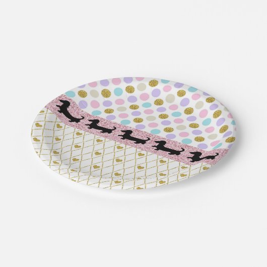 Pink Gold Pastell Glitzer Dackel Teller (Schrägansicht)
