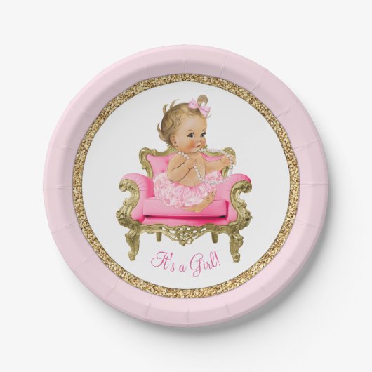 Pink Gold Pearl Sessel Girl Baby Dusche Pappteller (Vorderseite)