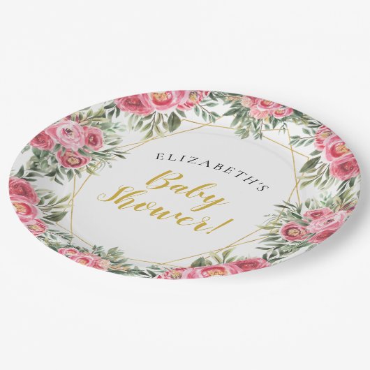 Pink Gold Peonies Baby Dusche Pappteller (Schrägansicht)
