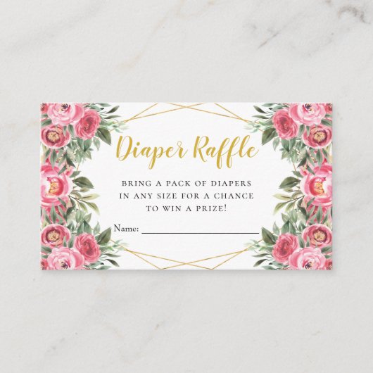 Pink Gold Peonies Baby Duwer Windel Raffel Begleitkarte (Vorderseite)