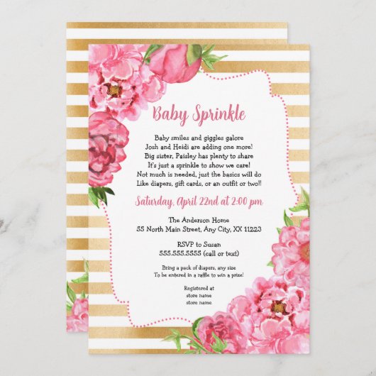 Pink Gold Peonies Baby Sprinkle Einladung (Vorne/Hinten)
