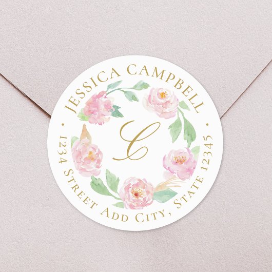 Pink Gold Peony Floral Wreath Benutzeradresse Runder Aufkleber
