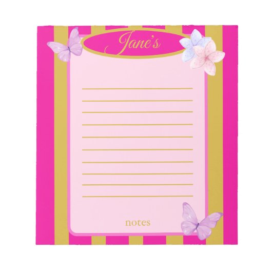 Pink & Gold Pinstripes Butterfly Floral Notizblock (Vorderseite)