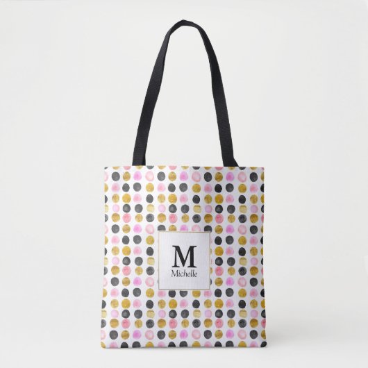 Pink & Gold Polka Dot Monogram Totbeutel Tasche (Vorderseite)