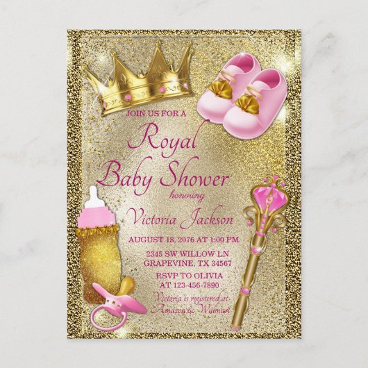 Pink Gold Princess Baby Dusche Einladung Postkarte (Vorderseite)