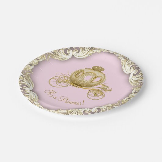 Pink Gold Princess Carriage Girl Babydusche Pappteller (Schrägansicht)