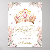 Pink Gold Princess Crown 1st Birthday Welcome Poster (Vorne)