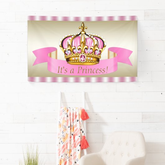 Pink Gold Princess Crown Baby Dusche Banner (Insitu)