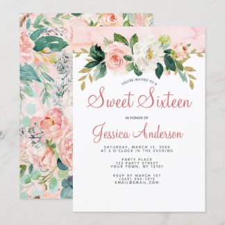 Pink Gold Princess Floral 16 . Geburtstag Geburtst Einladung
