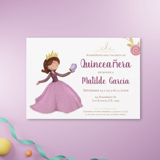 Pink Gold Princess Spanish Quinceñera Einladung