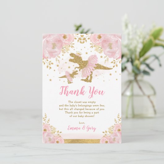 Pink Gold Prinzessin Dinosaur Tutu Tiara Baby Girl Dankeskarte (Stehend Vorderseite)