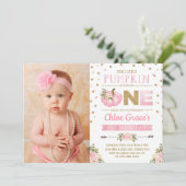 Pink Gold Pumpkin 1. Geburtstag Einladung Herbst F (Stehend Vorderseite)