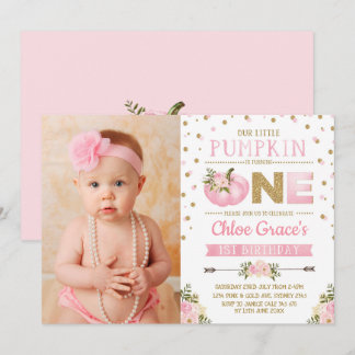 Pink Gold Pumpkin 1. Geburtstag Einladung Herbst F