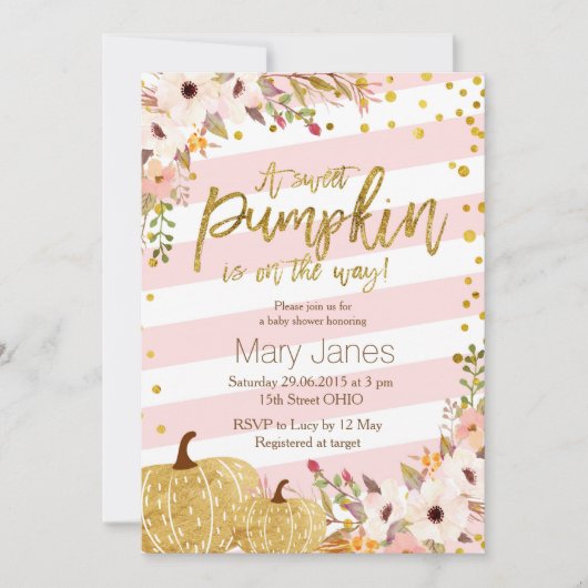 Pink Gold Pumpkin Babydusche Einladung (Vorderseite)