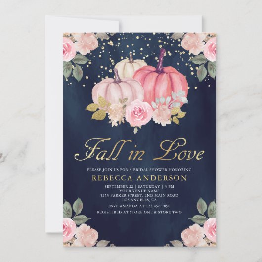 Pink Gold Pumpkin Floral Navy Blue Brautparty Einladung (Vorderseite)