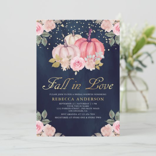 Pink Gold Pumpkin Floral Navy Blue Brautparty Einladung (Stehend Vorderseite)