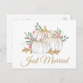 Pink Gold Pumpkin Just Married Hochzeit im Herbst Ankündigungspostkarte (Vorne/Hinten)