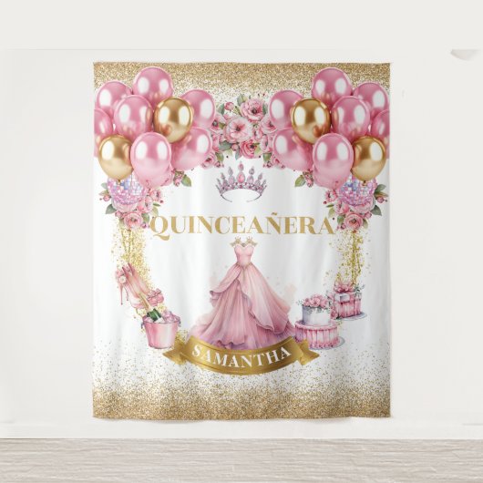 Pink Gold Quinceañera Hintergrund Glam Ballon Stil Wandteppich (Vorderseite)