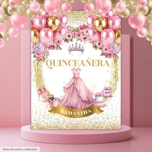 Pink Gold Quinceañera Hintergrund Glam Ballon Stil Wandteppich