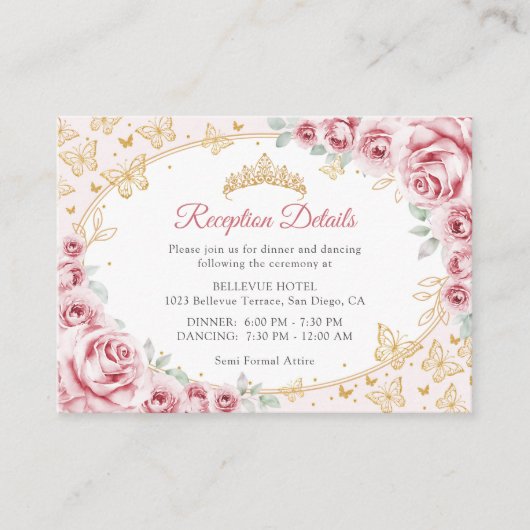 Pink Gold Quinceanera Reception Details Begleitkarte (Vorderseite)