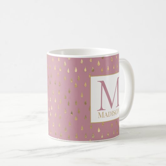 Pink Gold Raindrop Modernes Trendmonogramm Kaffeetasse (VorderseiteRechts)