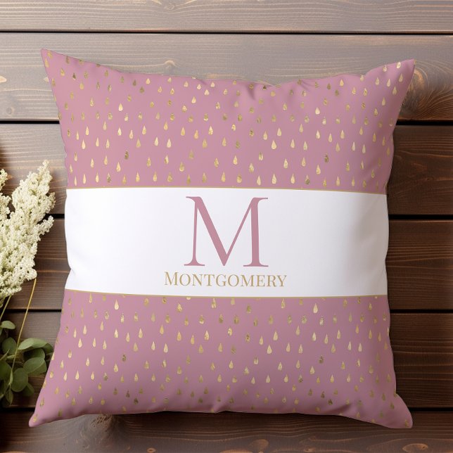 Pink Gold Raindrop Modernes Trendmonogramm Kissen (Von Creator hochgeladen)