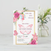 Pink Gold Rosen Butterfly Babydusche Einladung (Stehend Vorderseite)