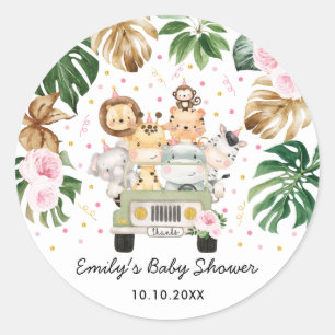 Pink Gold Safari Jungle Animals Greenery Baby Girl Runder Aufkleber