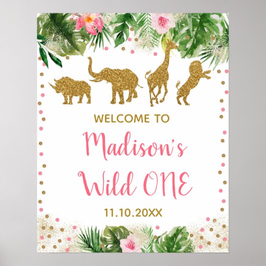 Pink & Gold Safari Wilder erste Geburtstag Willkom Poster (Vorne)